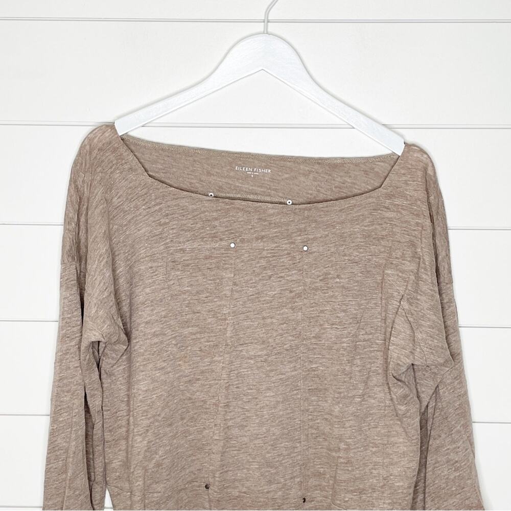 Eileen Fisher Marled Linen Wide Neck Studded Top Brown Size Small - Picture 2 of 9